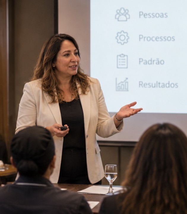 Lara Perdigão apresentando para uma plateia em treinamento presencial de hotelaria